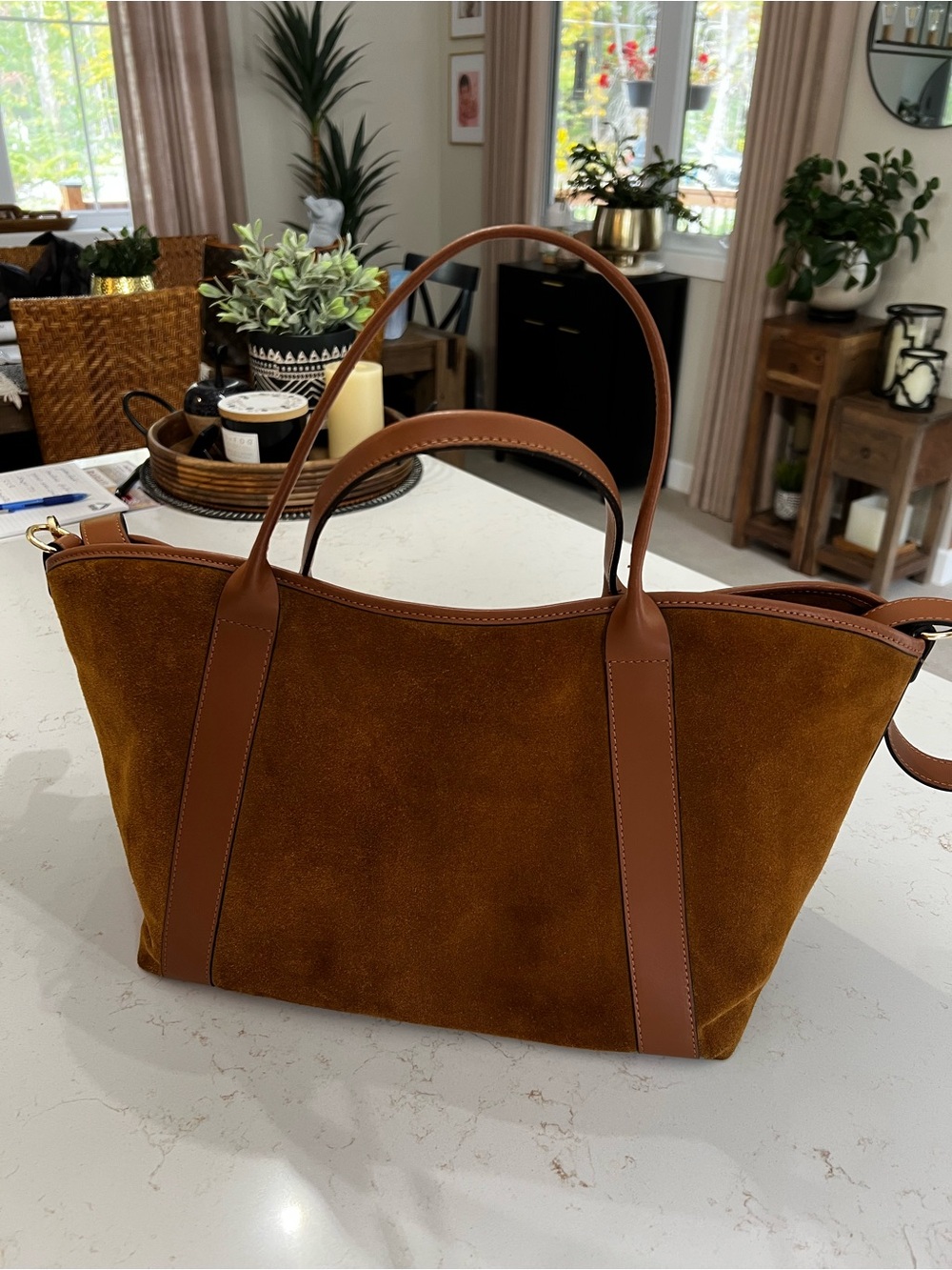 Suede Tote Bag in cognac with Leather Trim - Everyday Women's Tote